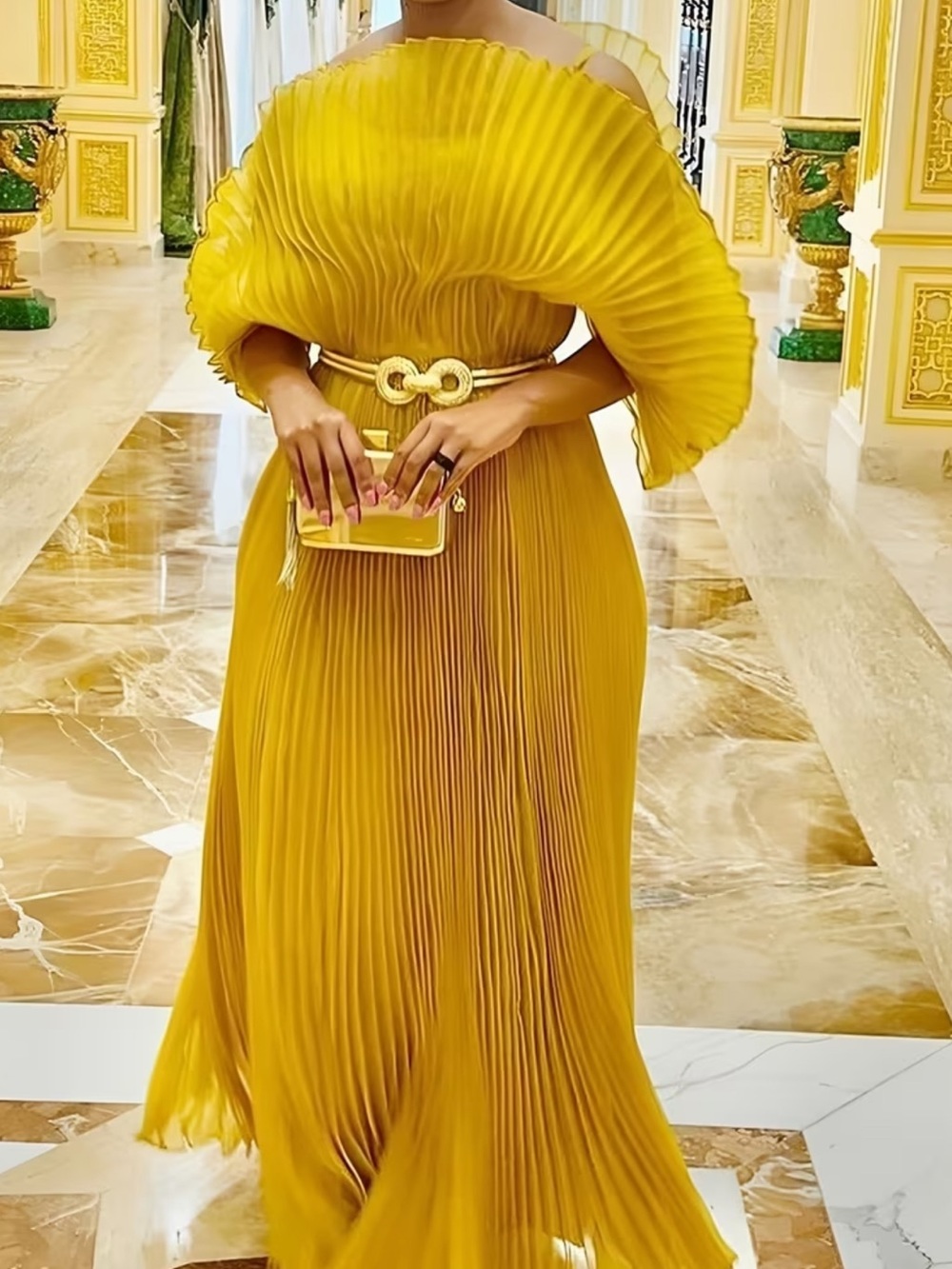 Mustard Gold Pleated Batwing Sleeve Maxi Dress | Elegant Statement Gown | One - Picture 2 of 11
